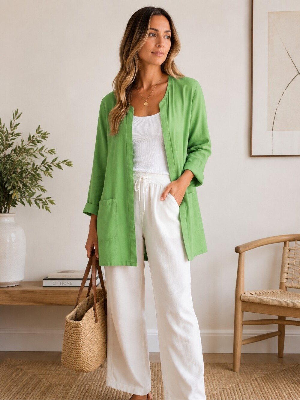 Flax Green 100% Linen Lagenlook Open Front Tunic Top